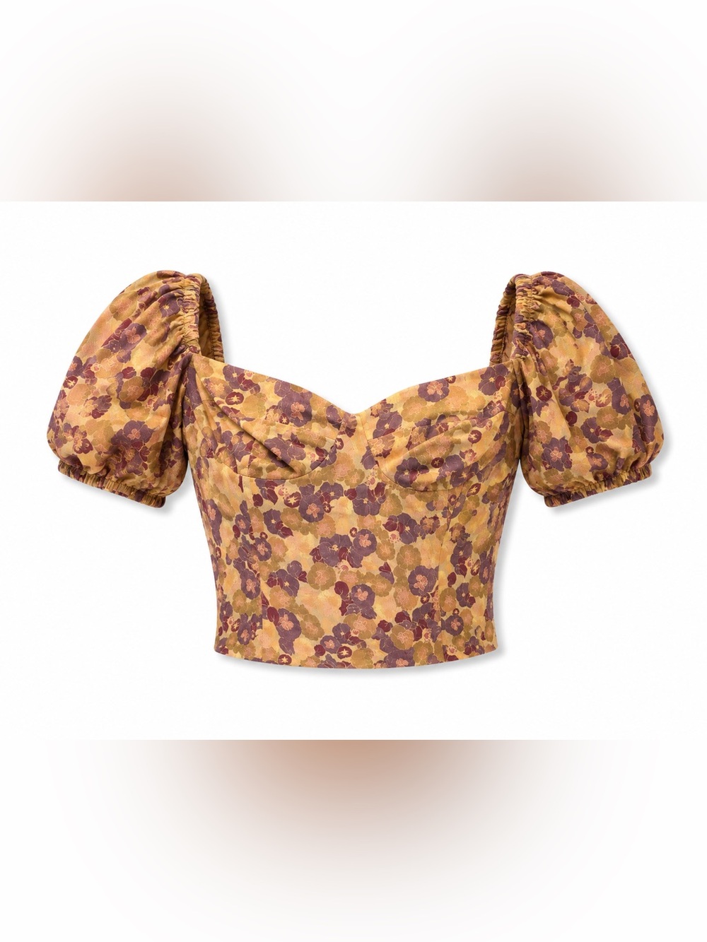 Aritzia Floral Puff-Sleeve Cropped Top in Mustard